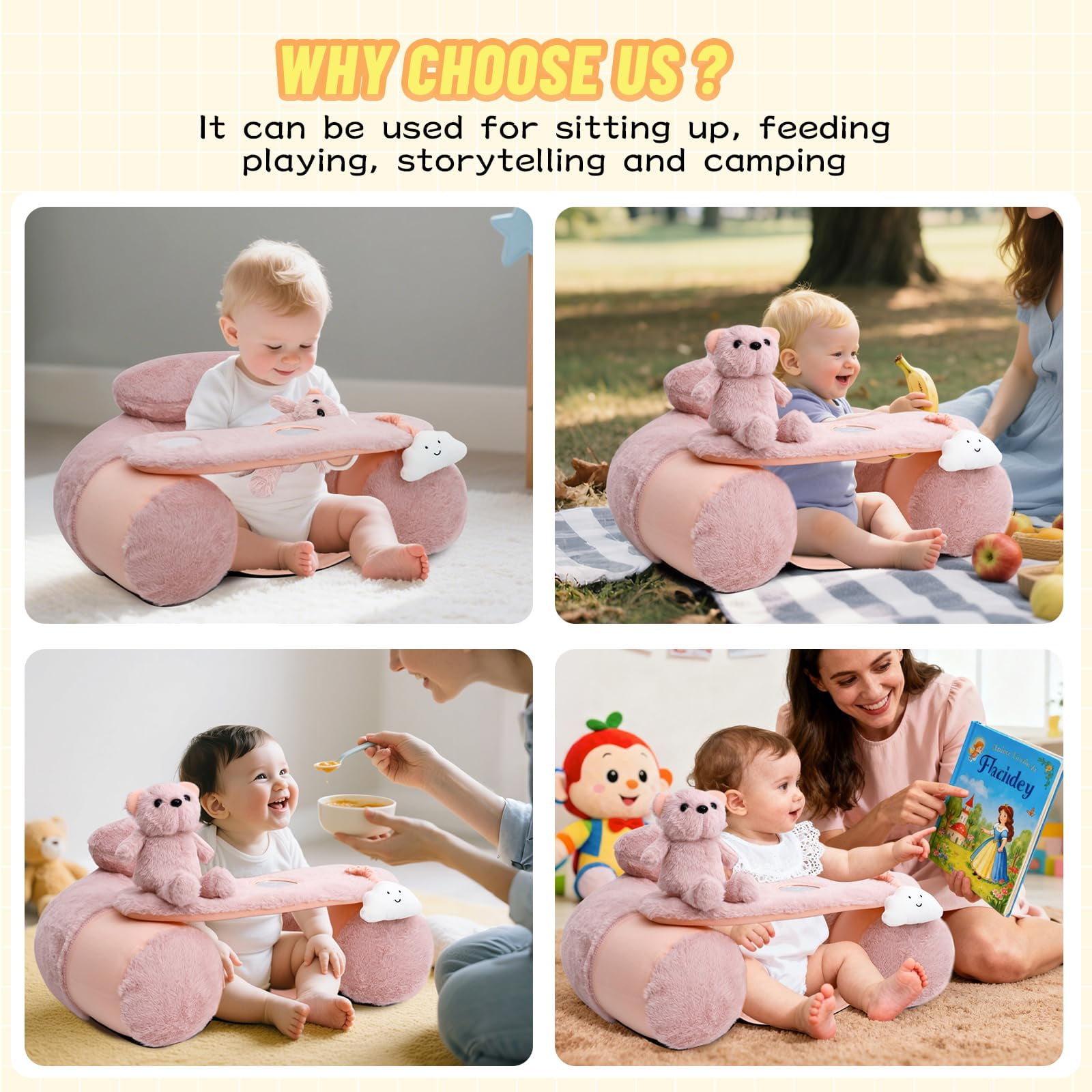 Inflatable Baby Floor Seat with Removable Cover - Portable Sit & Play Activity Chair for Infants 3-36 Months, Pink
