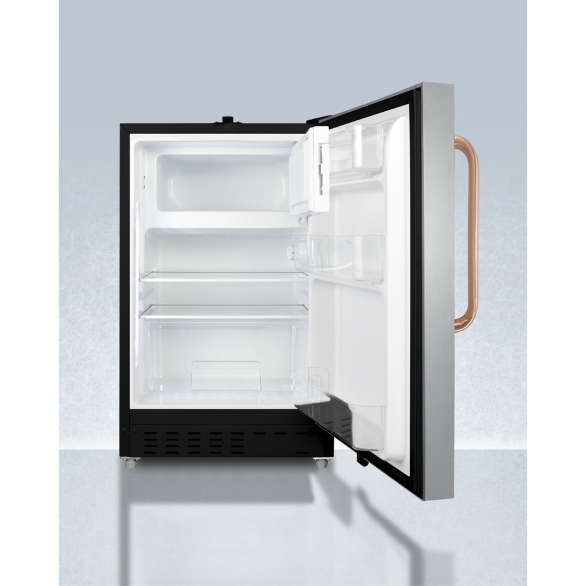 20" wide built-in undercounter ADA compliant refrigerator-freezer with a stainless steel door, front lock, and copper handle