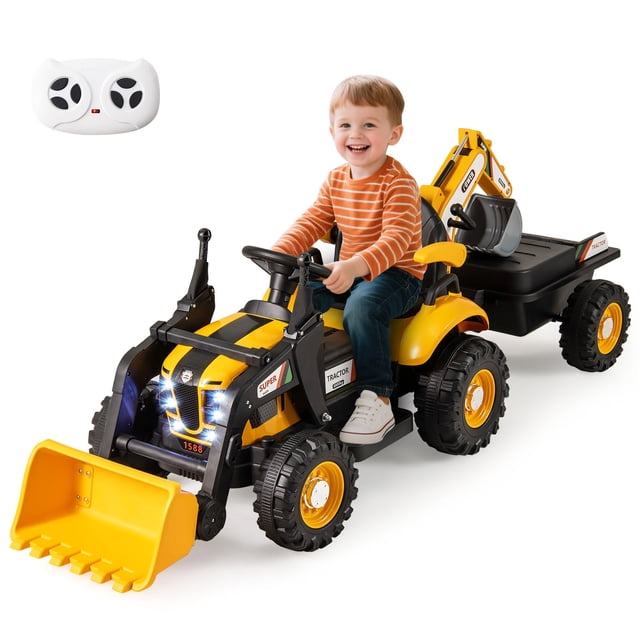 Gymax 4 in 1 Ride on Tractor Excavator & Bulldozer for Kids Trailer Shovel Bucket