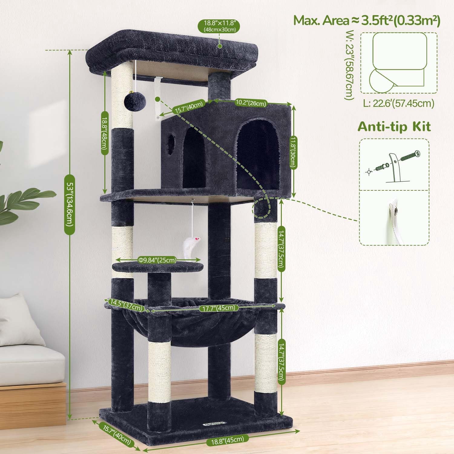 Cat Tree Tower With For Indoor Cats  53inch Tall Plush Multi-level Climbing Condo House Large Hammock Spacious Big Padded Top Perch F53 Dark Gray