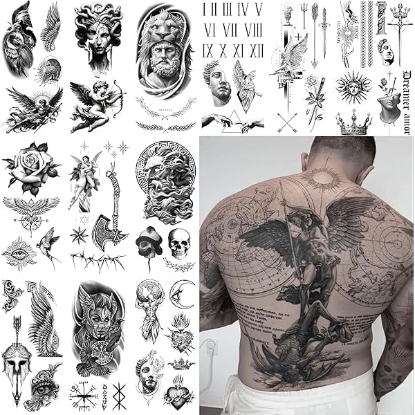 wonima02 Impressed Modern Masuline Full Sleeve Semi Permanent Fake Tattoos for Men - Geometric Greek, Roman, Viking Gods & Goddess, Bird Wings, Axe, Knight - Large Realistic Temporary Tats for Guys