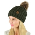 thumbnail image 2 of C.C Thick Cable Knit Faux Fuzzy Fur Pom Fleece Lined Skull Cap Cuff Beanie, Confetti Dark Olive, 2 of 4