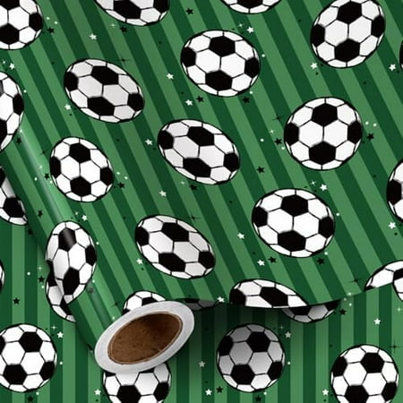 Soccer Wrapping Paper Roll for Boys, Mini Roll, Classic Black and White Soccer Ball Pattern, Green Sports Gift Wrap Paper for Birthday, Team Party, Coach Gifts, 17 Inches x 16.4 Feet