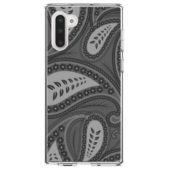 DistinctInk Clear Shockproof Hybrid Case for Samsung Galaxy Note 10 (6.3" Screen) - TPU Bumper, Acrylic Back, Tempered Glass Screen Protector - Big Grey Black Paisley