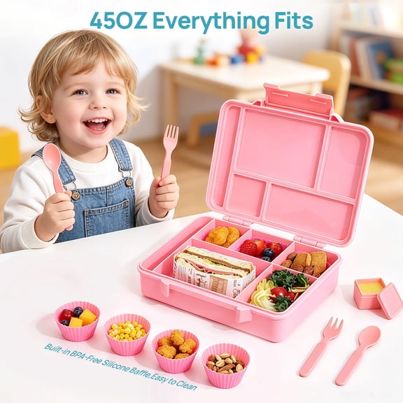 Sindcom Bento Box for Kids, Lunch Box, Lunch Containers for Kids Girls , Lunchable Food Container with Utensils, Sauce Jar, Muffin Liners, 45 Oz/5.6 Cup, Pink