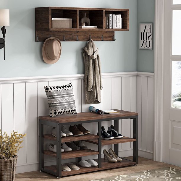 Entryway Coat Rack Shoe Bench Set Hall Tree With Wall Mounted In 3 Storage Cubbies 7 Hooks Com Entryway Coat Rack Shoe Bench Set Hall, Wall Mounted Coat Rack With Shoe Storage