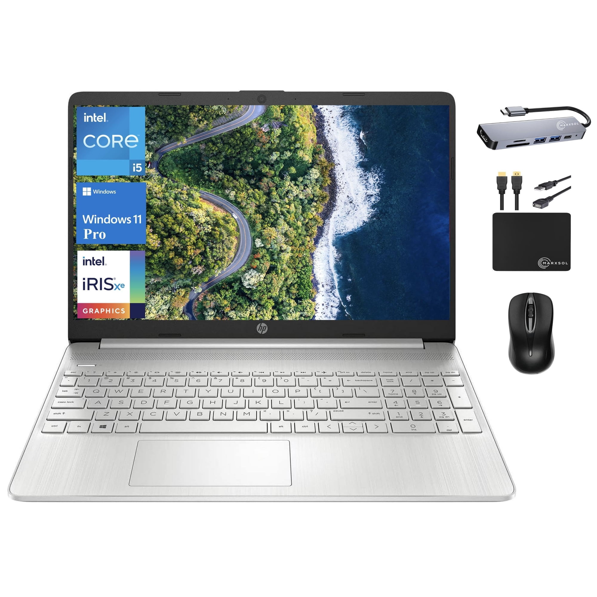 HP 15 Laptop 2024 Business Notebook, 15.6'' FHD Display, Quad Core Intel i5-1135G7 (Beat i7-1065G7), Iris Xe Graphics, 16GB RAM, 512GB SSD, Webcam, Bluetooth, Wi-Fi, Win 11 Pro +MarxsolAccessory