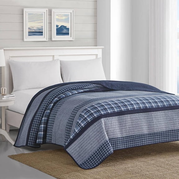 Adelson 1-Piece Navy Blue Striped and Plaid Cotton Full/Queen Quilt