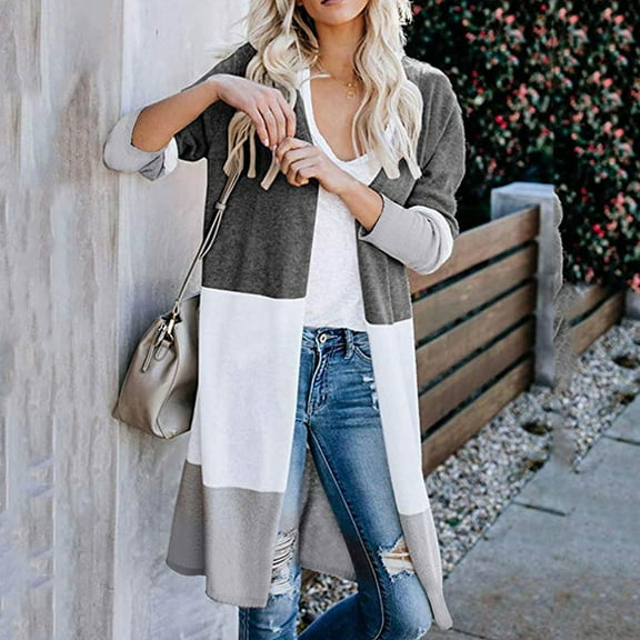 AOOCHASLIY Black and Friday Women Coat Christmas Gift Ladies Paneled Contrast Striped Pocket Cardigan Long Jacket