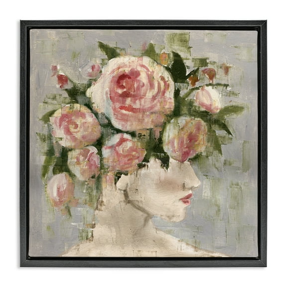 Stupell Industries Abstract Woman with Roses Plants & Flowers Painting Black Floater Framed Canvas Art Print Wall Art, 18 x 18