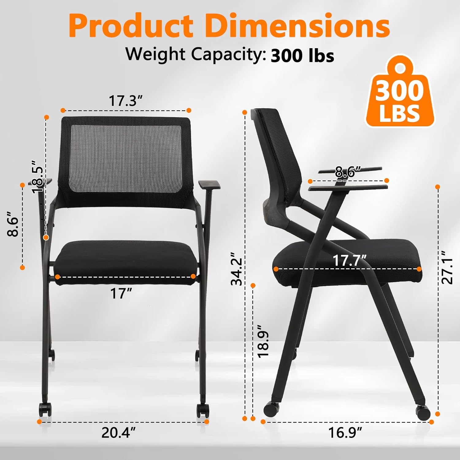 CLATINA Ergonomic Stackable & Foldable Conference Room Chairs, Mesh Office Chair with Arms and Wheels for Office Waiting Room Meeting Black Lobby Church School Receptions and Training Black (4 pk)