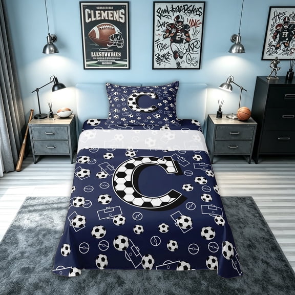 meiyoeat Soccer Letter C Twin Sheets, Ball Field Bedding, Navy Blue, Blue Reversible, 1 Flat Sheet, 1 Fitted Sheet and 1 Pillowcase