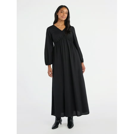 Time and Tru Women's Tie Back Maxi Dress with 3/4-Length Sleeves, Sizes XS-XXXL
