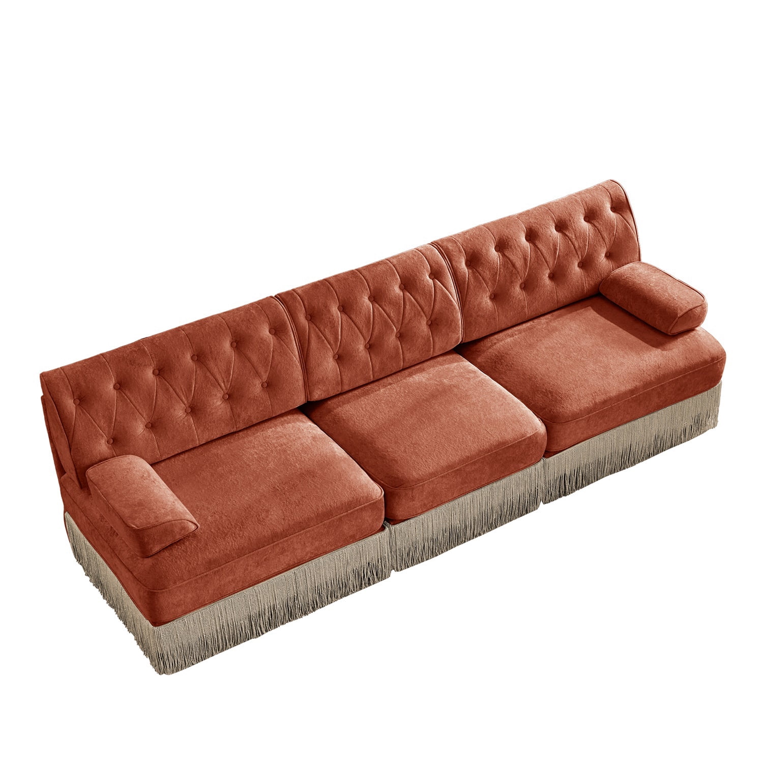 Hommoo 3-Seater Chesterfield Style Velvet Fabric Sofa Couch set, Tufted Button Upholstered Design and Floor-grazing Tassel, Free Combination Sectional Sofa, for Home, Red Brown