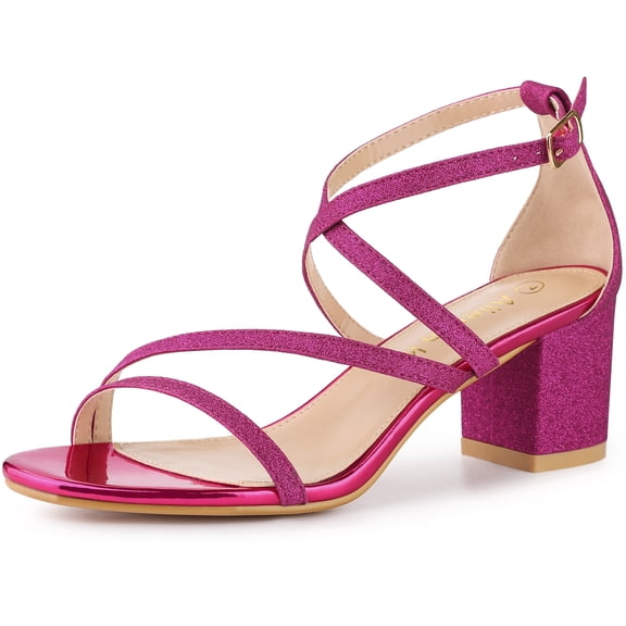 Unique Bargains Women's Open Toe Sandal Glitter Crisscross Strap Chunky Heel Sandals