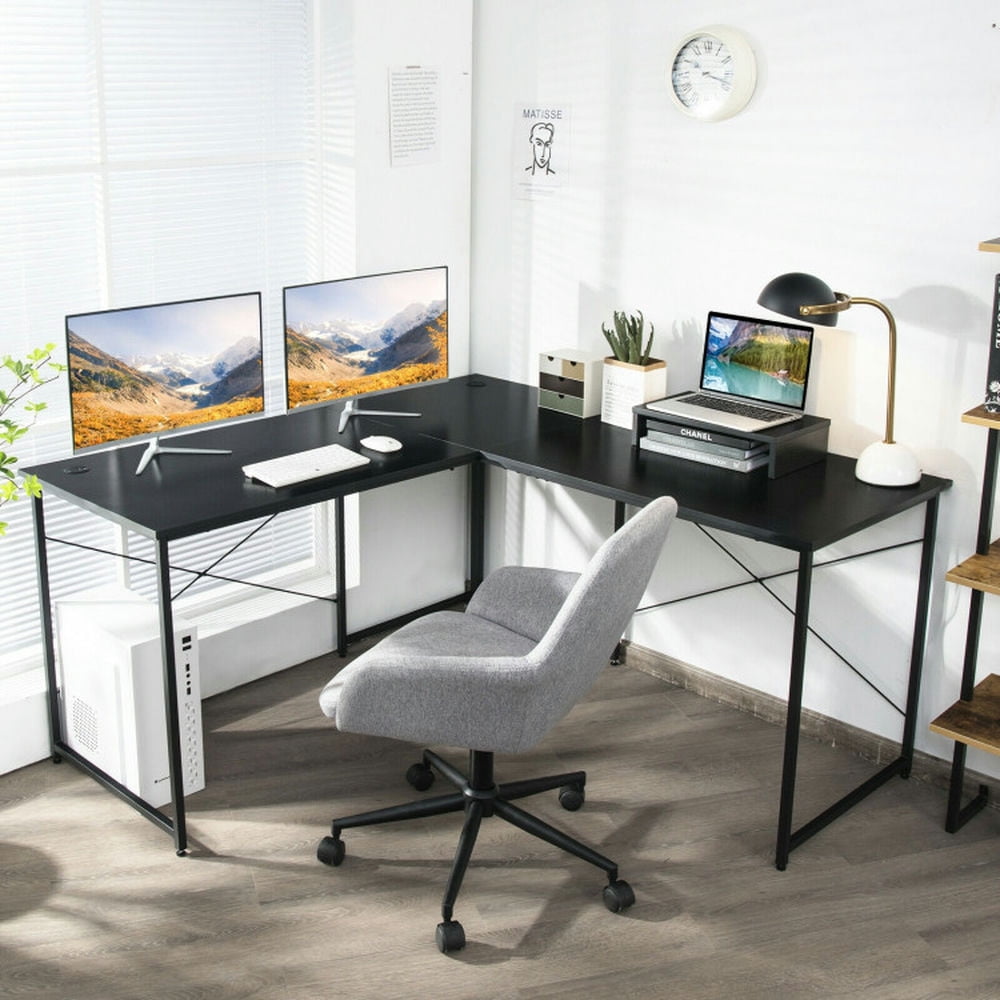 Demi Bonn 95" 2-Person L-Shaped Long Reversible Computer Desk with Monitor Stand, Small Home Office Desk Study Writing Table, Black