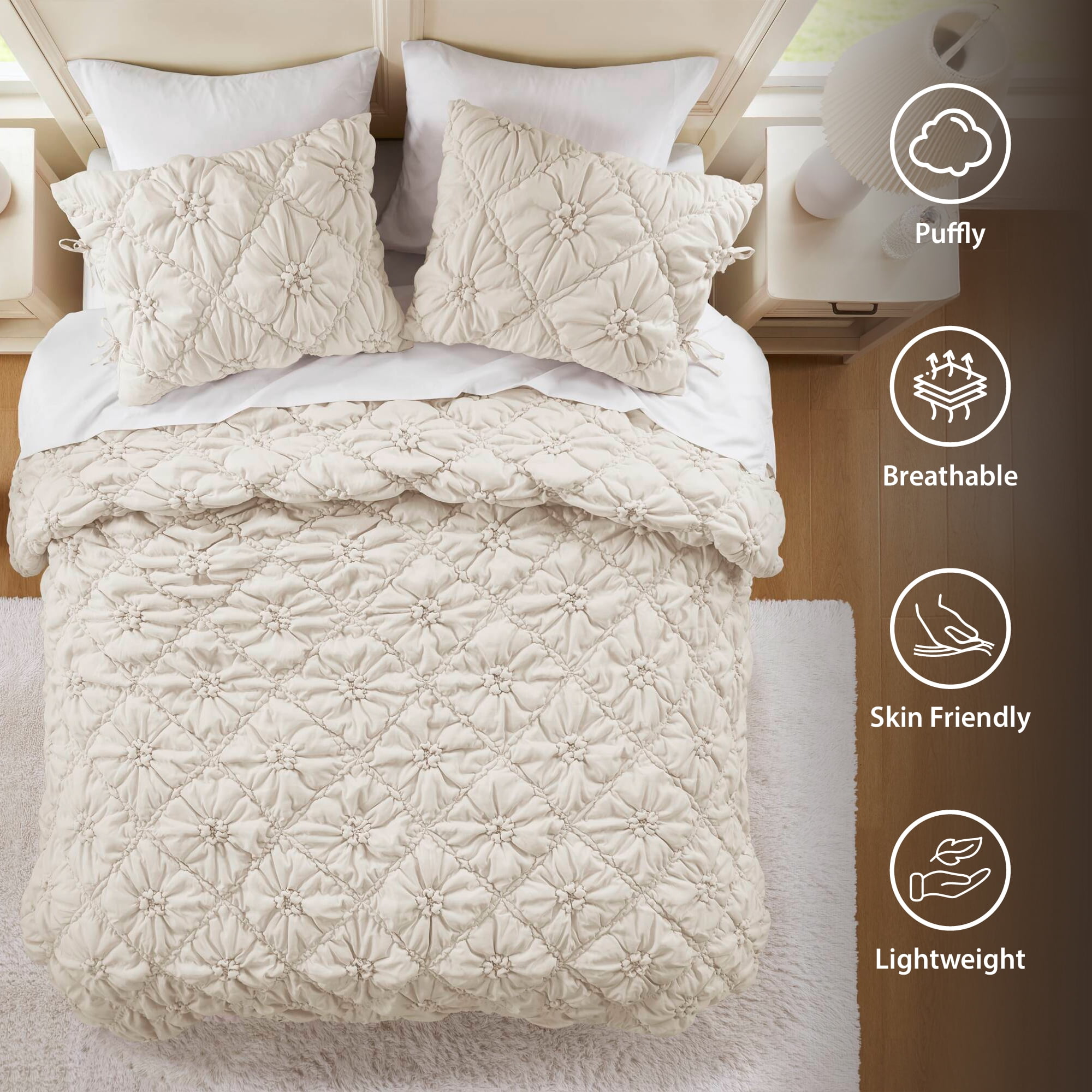 Regency Heights Full/Queen Textured Floral Comforter Set, Puffy Bow Tie Dorm Bedding Sets, 3-Piece Ivory Elastic Ruching Comforter Bed Set with Sham for All Season