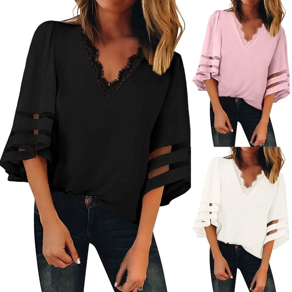 SXCXLSA Women's Lace V Neck Blouse, 1/2 Sleeve Fashion Casual Summer Shirt