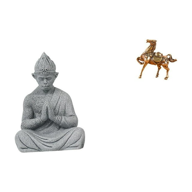Estatua de mono, figura de Buda de meditación, escultura animal, adorno de caballo, piedra arenisca de latón, adecuada para sala de estar, hogar, ofic