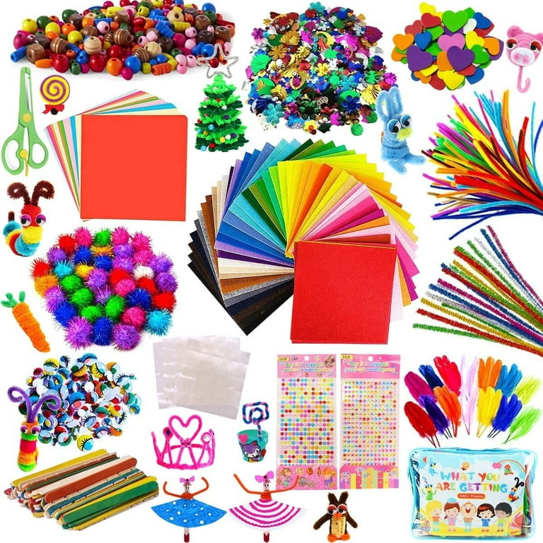 MMTX Children's Craft Set, Craft Art DIY Toy, Pipe Cleaners, Color Felt  Leaf, Glitter Pom Poms, Feathers, Buttons, Eyes, Sequins DIY Craft  Decorations for Kid Birthday 