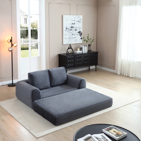 2-in-1 Convertible Sofa Bed, Corduroy Futon Sleeper with 2 Pillows & Pull-Out Bed, Modern Living Room, Grey.