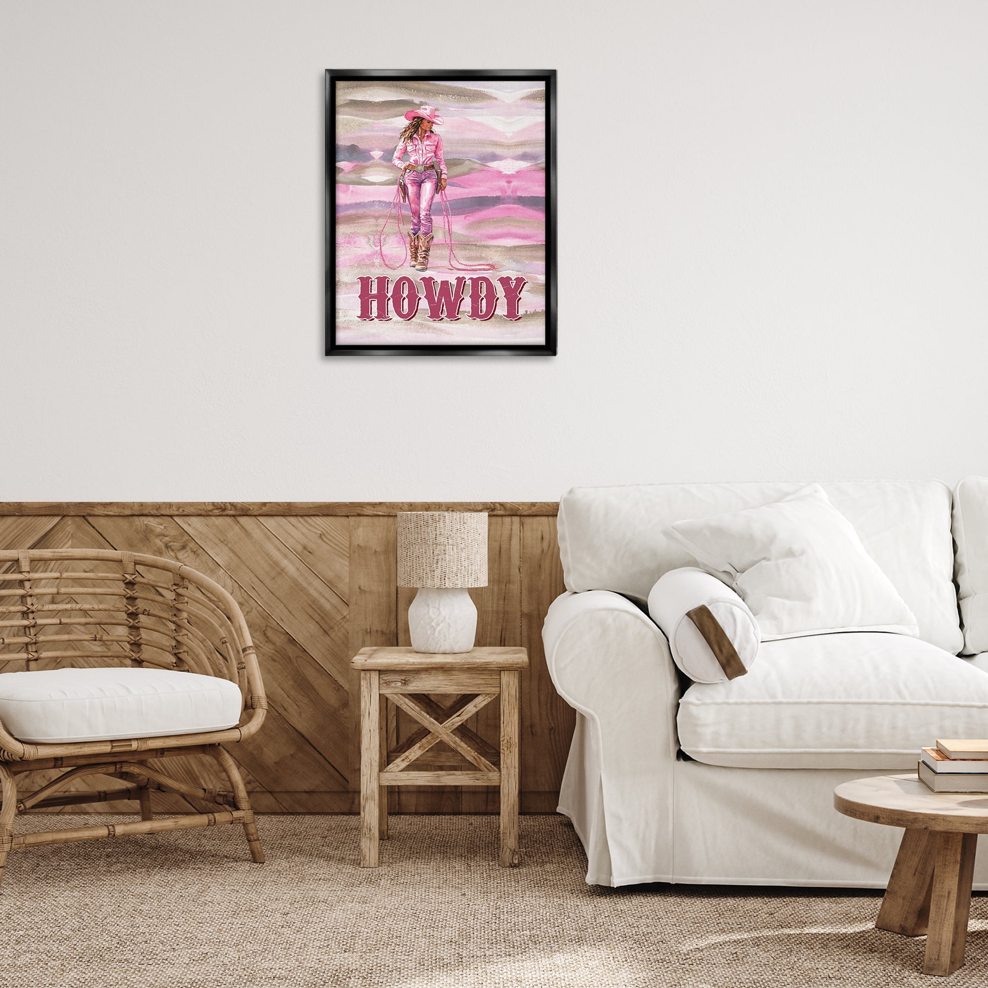 Stupell Industries Pastel Howdy Cowgirl People Painting Black Floater Framed Canvas Art Print Wall Art, 25 x 31