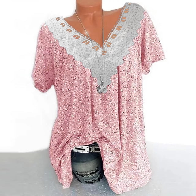 ICHUANYI Clearance Women Fashion Casual Printing Shirts Short Sleeve Tops V Neck Lace Stitching Blouse(Pink, S) ICHUANYI WER2023080706787