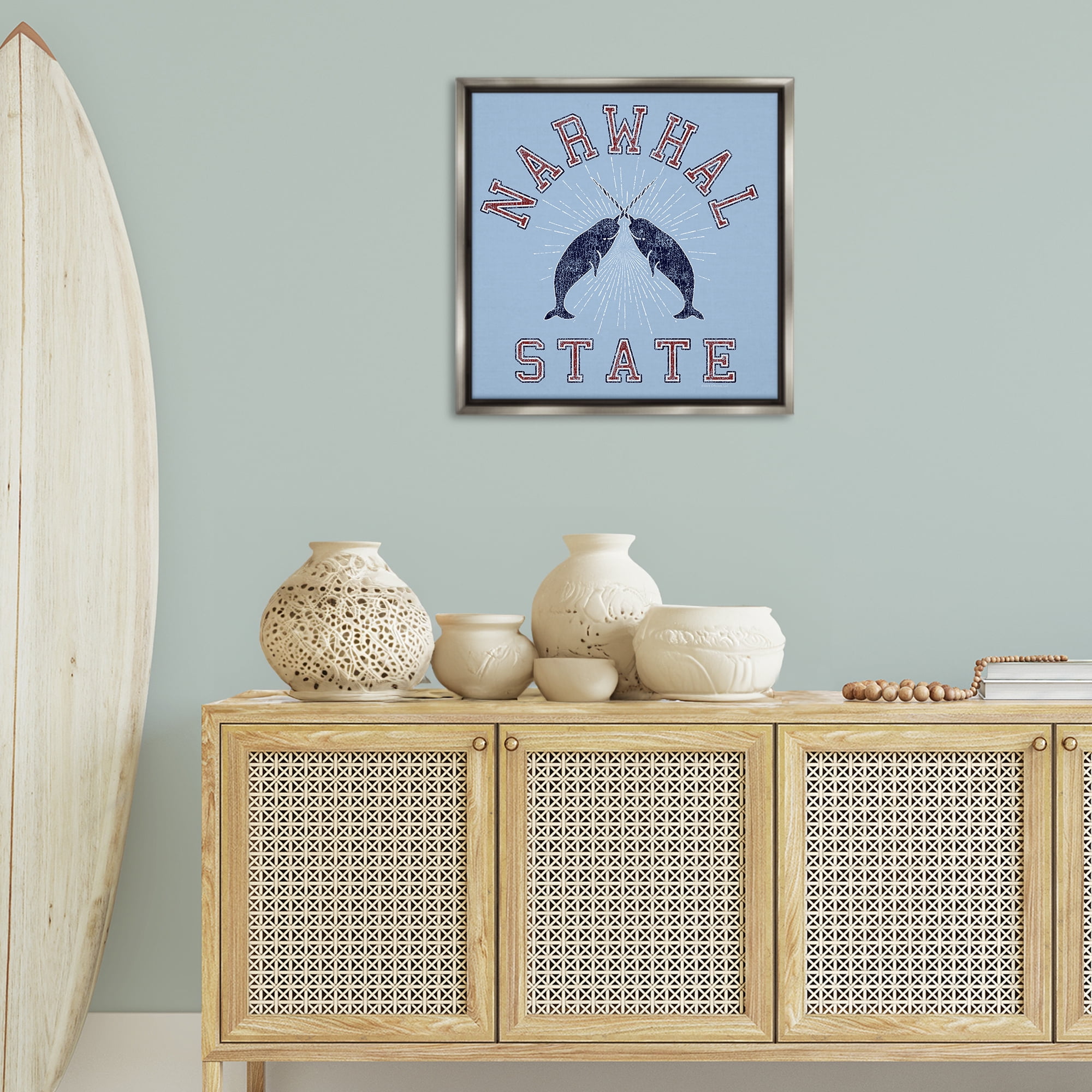 Stupell Industries Vintage Narwhal State Animals Painting Gray Floater Framed Canvas Art Print Wall Art, 25 x 25