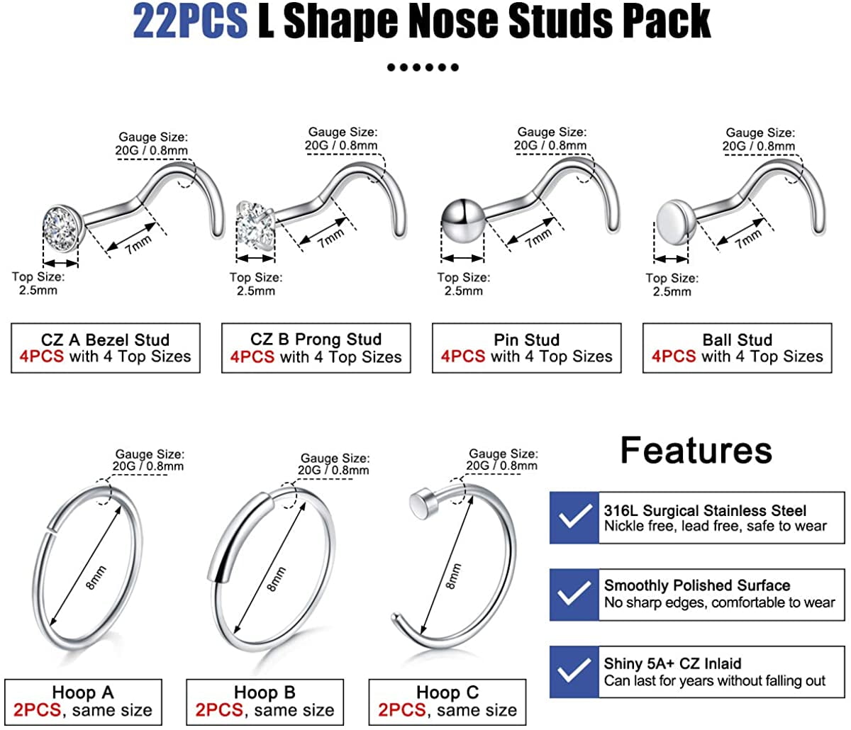 Men Body Jewel Pack Ldurian 22PCS 18G 20G Nose Stud 8mm Silver Hoop, Two Gauges L Shape CZ Stud Piercing Jewelry Set for Women Screw Shape 316L Surgical Steel Hoop Rings 