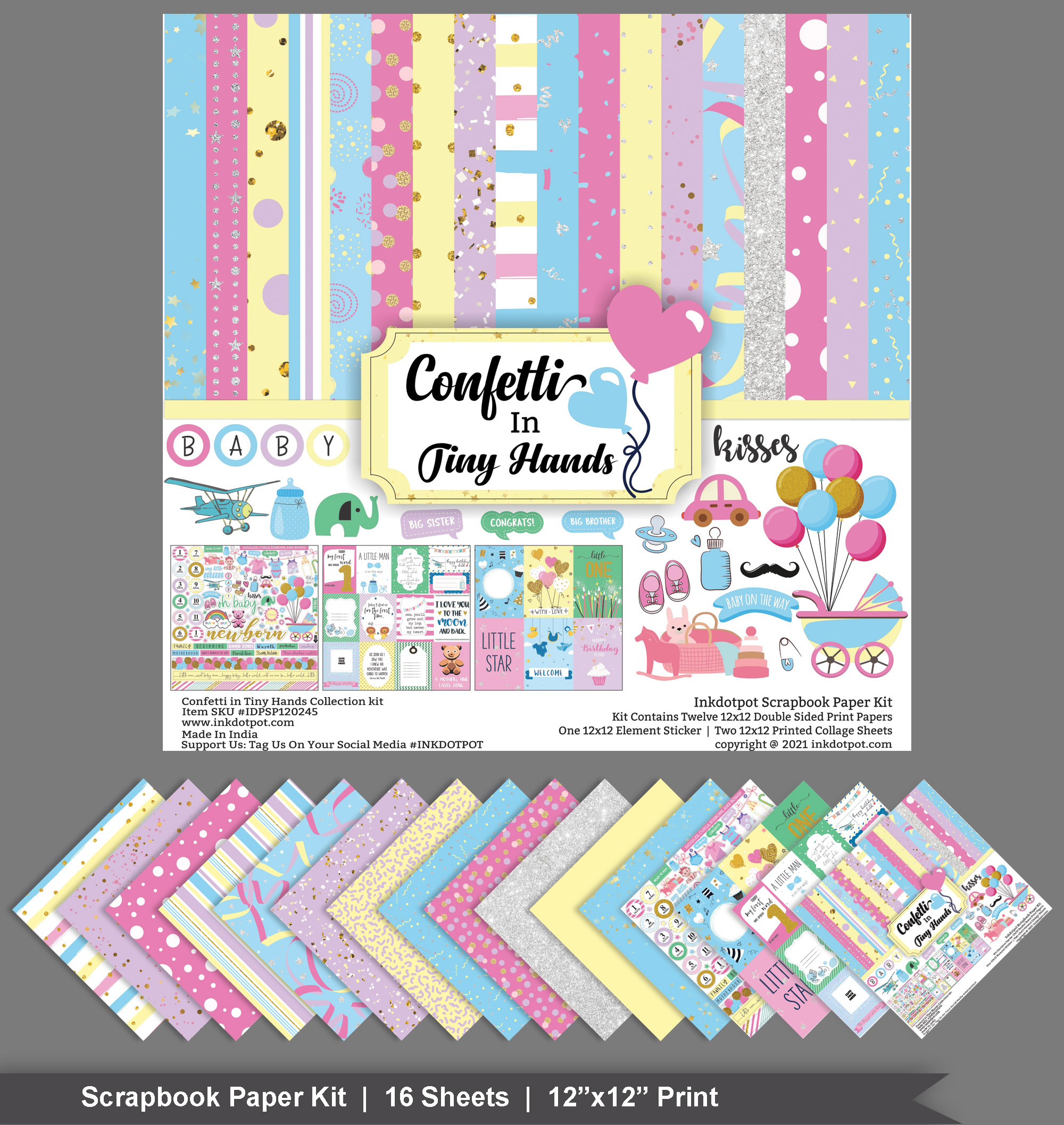 Inkdotpot Baby Theme Pastel Confetti Collection Double-Sided Scrapbook Paper Kit Cardstock 12"x12" Card Making Paper Pack Of With Sticker Sheet - 16 Pages - Multicolor