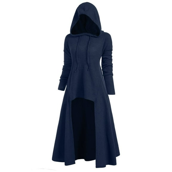 Halloween Cloak High Low Sweater Dresses for Womens Plus Size Christmas Hooded Lace Up Patchwork Long Sleeve Long Coat Dress