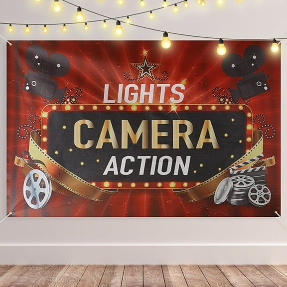 6ft x 4ft Large Movie Night Backdrop, Lights Camera Action Banner Backdrop, Movie Theme Party Photography Background, Wallpaper for Party Decoration