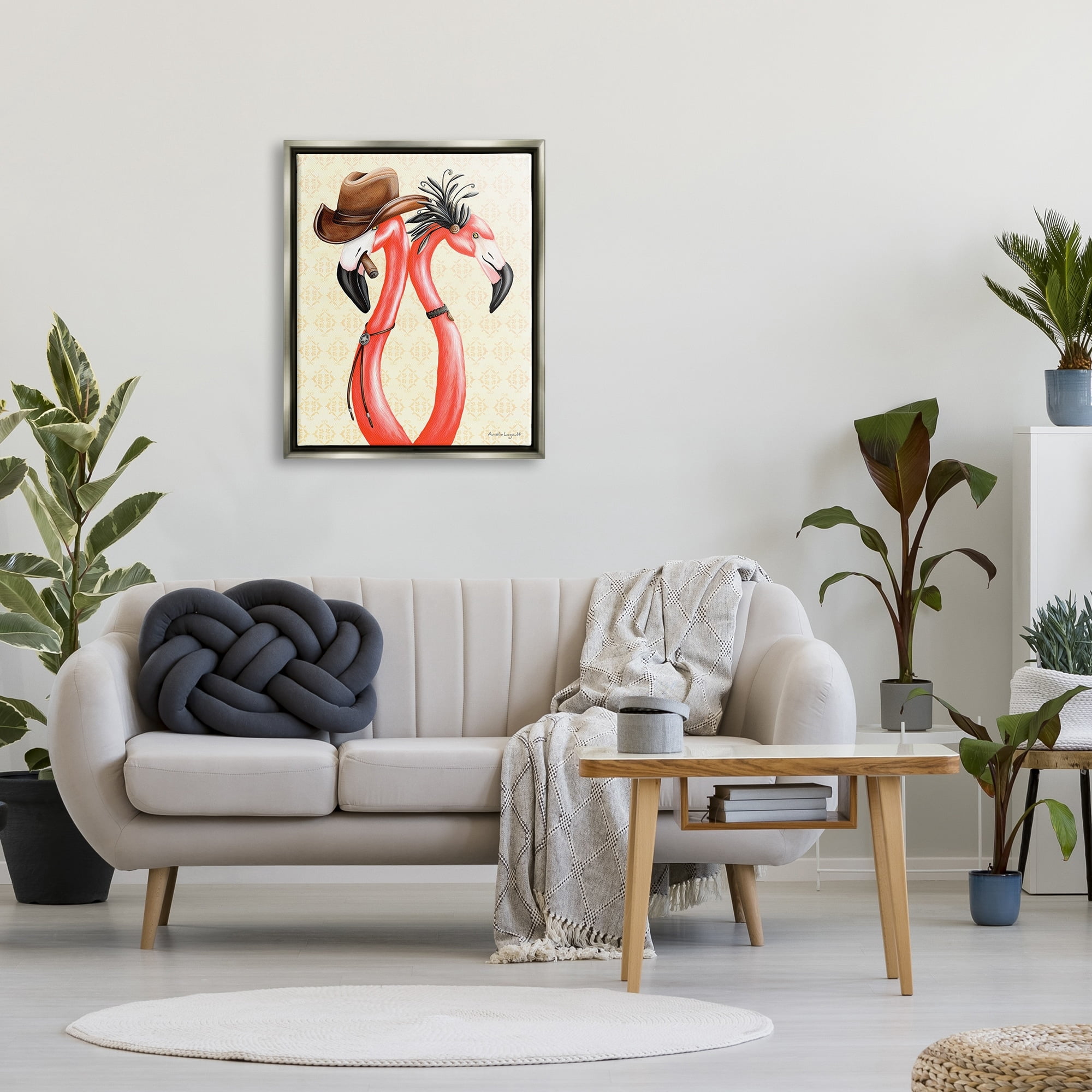 Stupell Industries Vintage Flamingos Cowboy Hat Antique Fashion Outfit Graphic Art Luster Gray Floating Framed Canvas Print Wall Art, Design by Amelie Legault