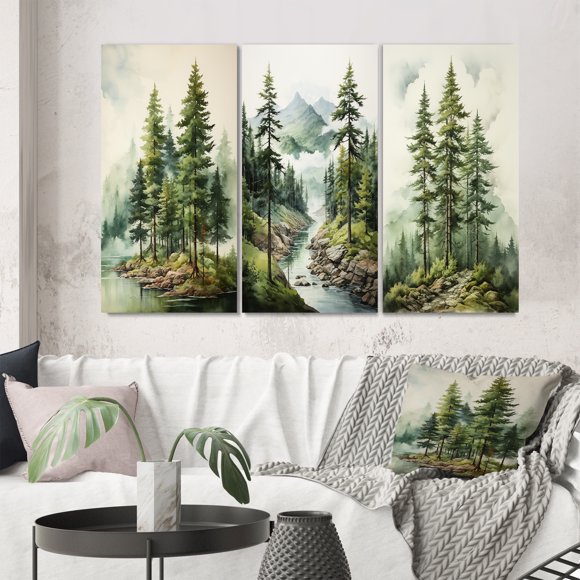 Designart "Green Pine Tree magic Guardians III" Floral Wall Art Set Of 3 - Green Tree Pine Canvas Set For Living Room Decor
