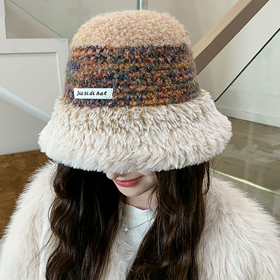 Wancir Winter Bucket Hat Fluffy Faux Fur Fisherman Cap for Women Men Solid Color Style