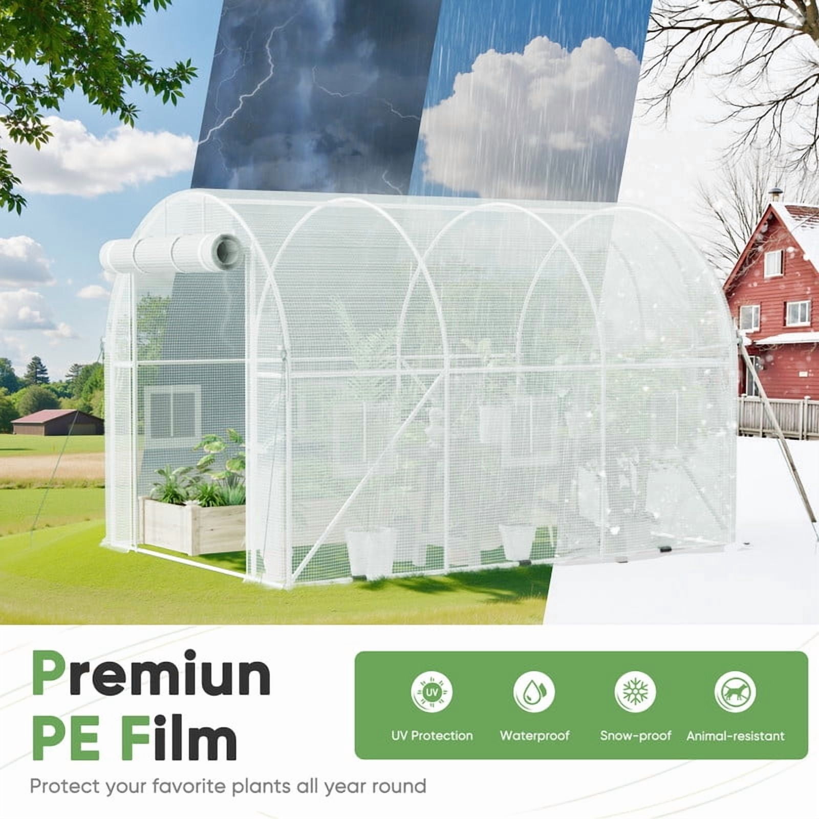 Homall 10 x 6.5 ft Patio Greenhouse with Zippered Door & 6 Roll-up Windows, Outdoor Walk-in Tunnel Greenhouse with Galvanized Frame & Waterproof , White