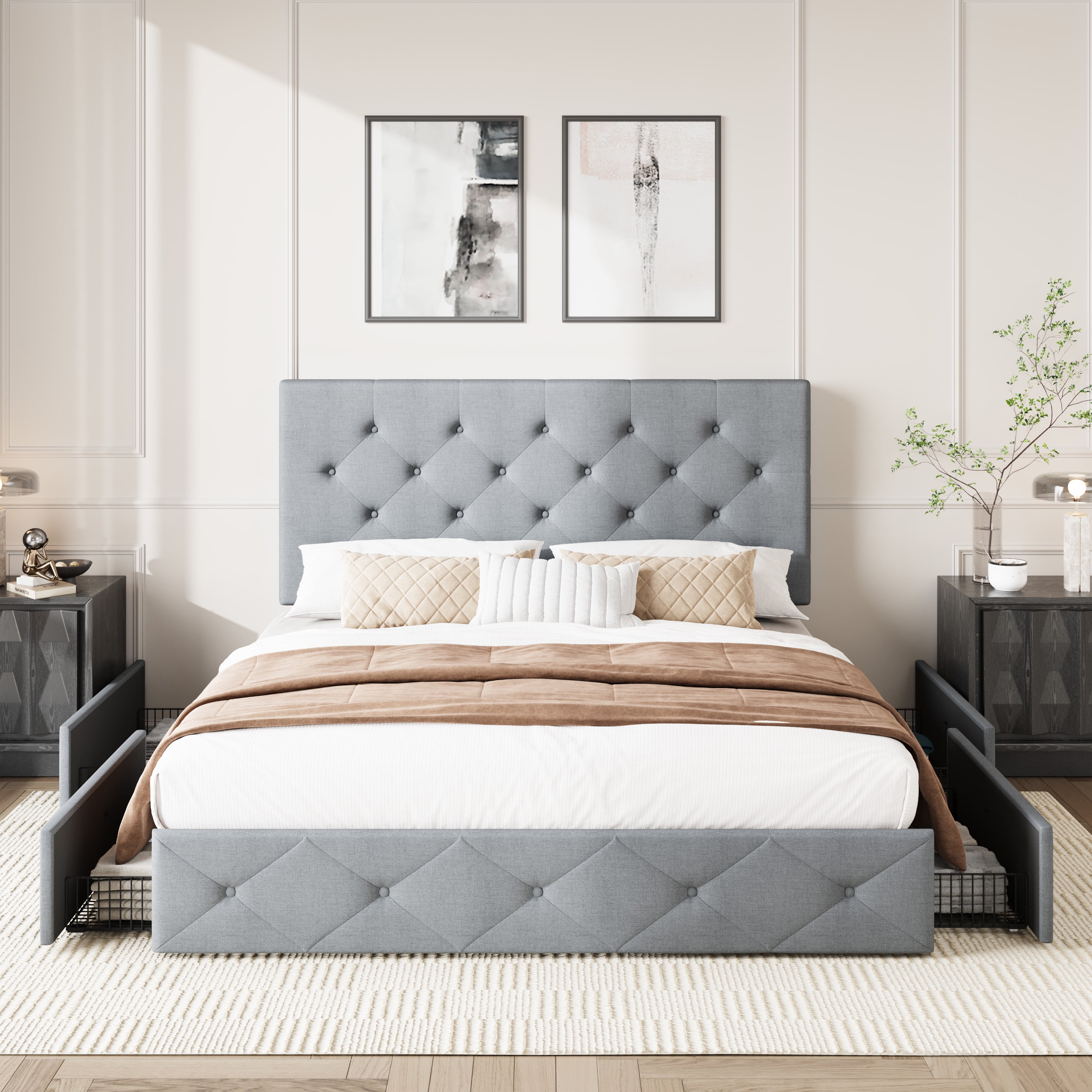 Amolife Full Size Platform Bed Frame with Diamond-stitched Headboard and 4 Drawers, Light Gray
