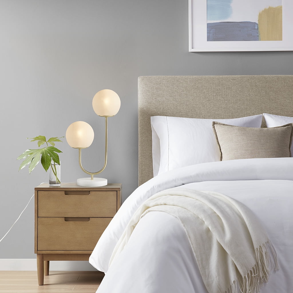 Noaman Metal 2-Light Globe Table Lamp, 20" Height Gold & White Modern Desk Lamp with Frosted Glass Shades, 60in Cord for Bedroom/Living Room