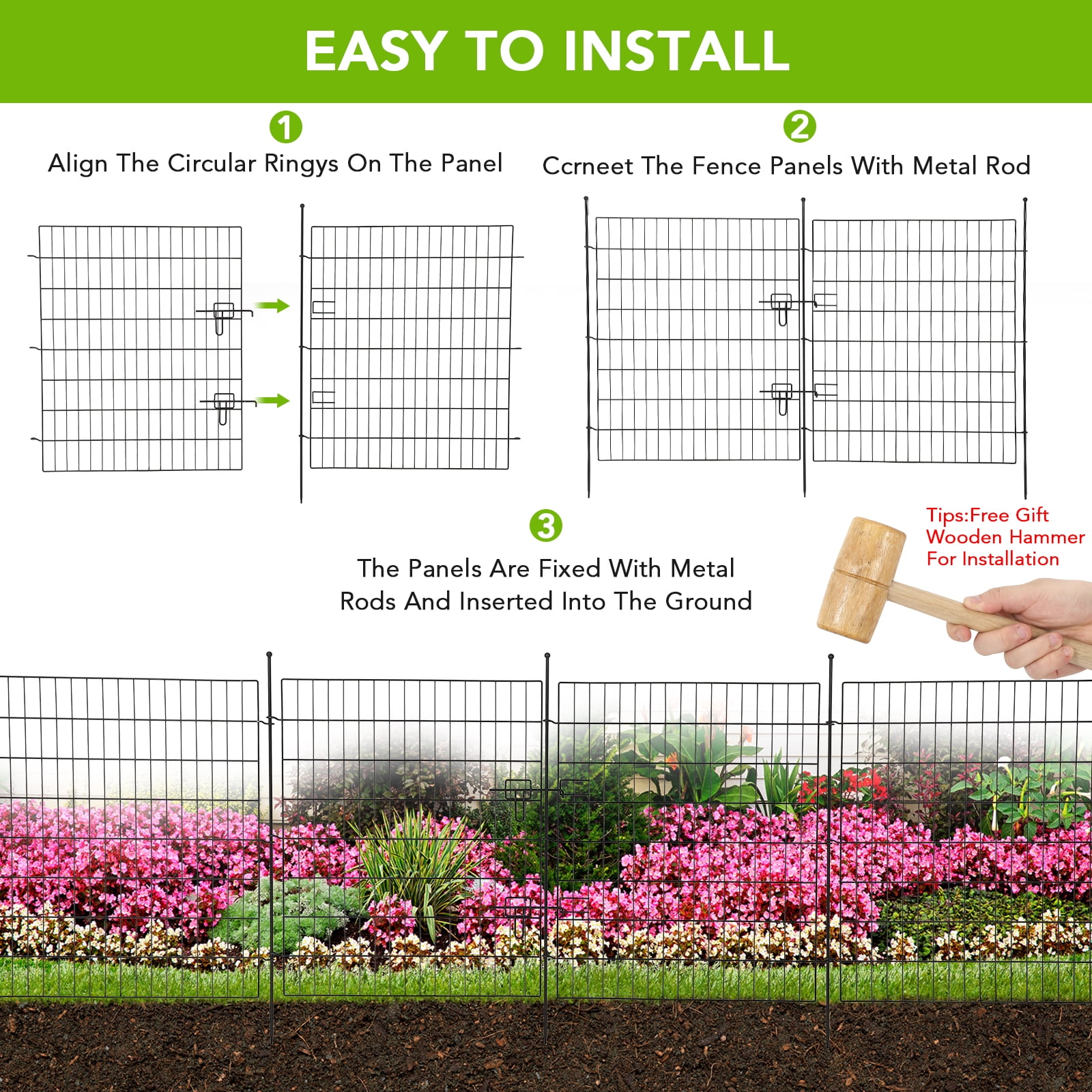 ChaoLink Garden Fence,15 Panels No Dig Decorative Fence for Outdoor ,Yard, Patio,29*32 in Animal Barrier Rustproof Metal Wire Panel,Temporary Dog Fence Flat With doorFlat top，29w×32h in