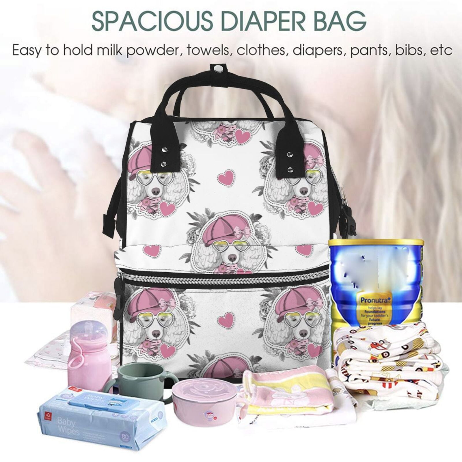 Fuzoiu Cartoon Poodle Dog Print Diaper Bag Backpack,Baby Essentials Travel Tote,Multi function Waterproof Diaper Bag, Travel Essentials Baby Bag - Unisex