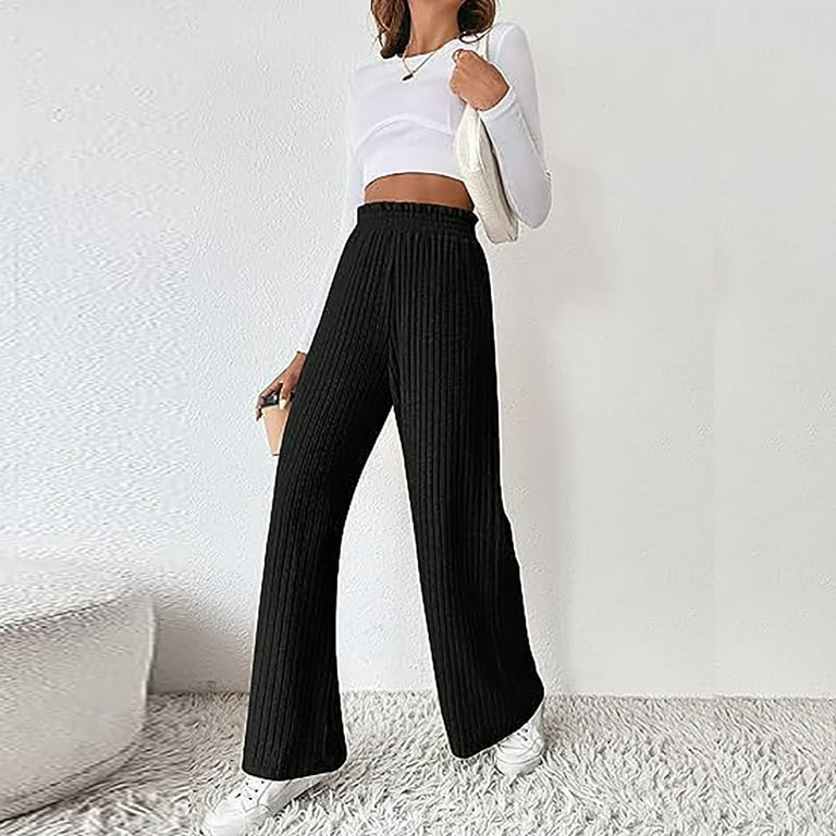 Y2K Solid Striped High Waist Ribbed Leggings Pants, Casual Loose Wide Leg  Stylish All Seasons Pants, Women's Clothing