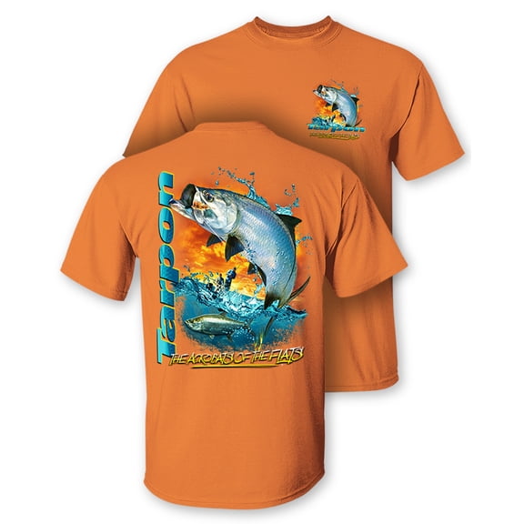 Follow the Action Tarpon "The Acrobats of The Flats" Two-Sided 100% Cotton Short Sleeve Fishing T-Shirt (Large) Orange