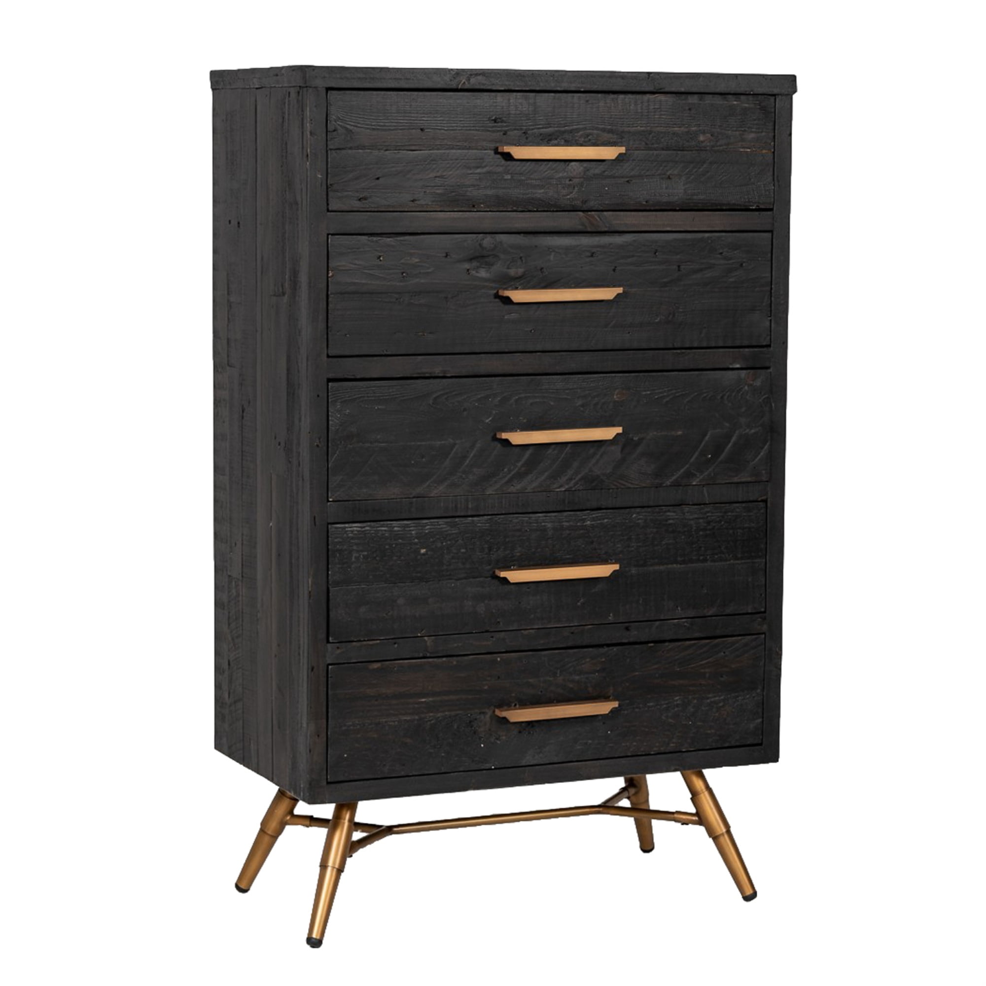 5 Drawer Wooden Chest with Metal Bar Handles and Angled Legs,Black and