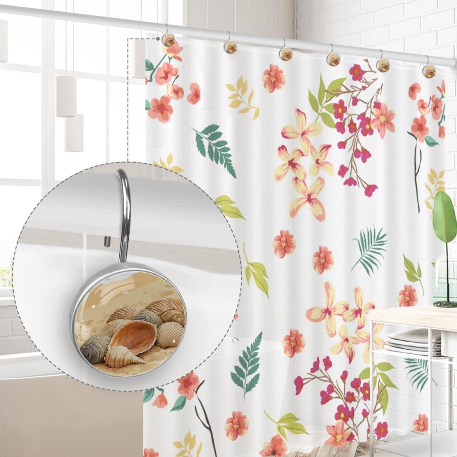 Watercolor Shells on Beach Shower Curtain Hooks Round Crystal Glass, Set of 12 Shower Curtain Rings - Shower Hooks for Curtain Shower Rings