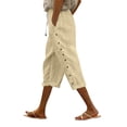 thumbnail image 2 of Women's Striped Linen Capri Pants Elastic Drawstring Waist Side Buttons Wide Leg Lightweight Summer Cropped Trousers With Pockets Camel M, 2 of 5