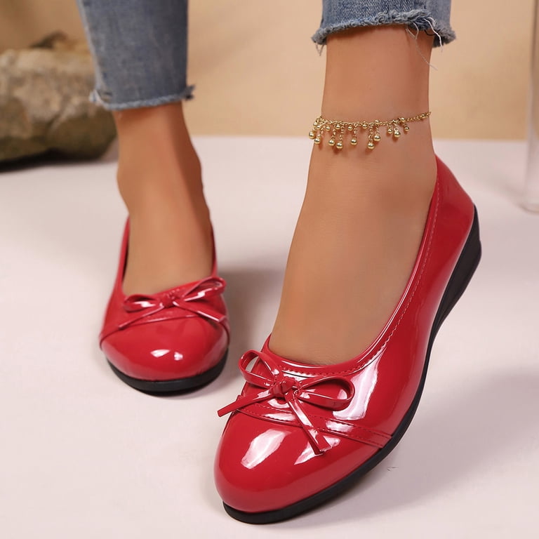 YestheShoes Red Ladies Cool Solid Color Bow Round Toe Patent Leather Shoes Versatile Eye-Catching Height-Increasing Flat Autumn Winter, Women's, Size
