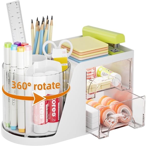 Desk Organizer with 2 Drawer, 360°Rotating Pen Holder, Desk Organizers and Accessories with 6 Slots Pencil Organizer 2 Drawer, Art Supply Storage Box Caddy for Office (White)