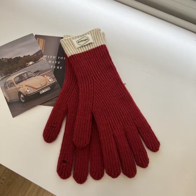 Guantes de punto de cinco dedos de otoño e invierno de lana para exteriores, resistentes al frío, cálidos, con contraste de color, guantes para pantalla táctil