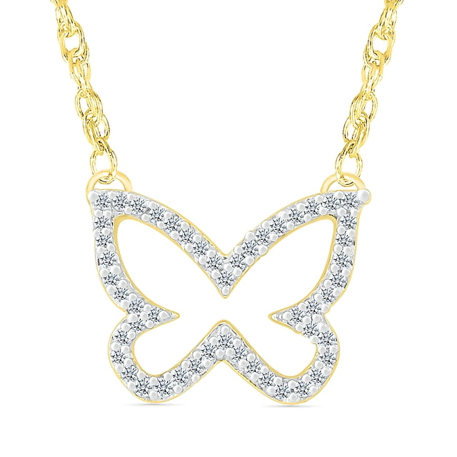 DGOLD Collier Papillon en Or Jaune 10 Kt avec Diamant Blanc Rond pour Femmes (1/2 cttw)