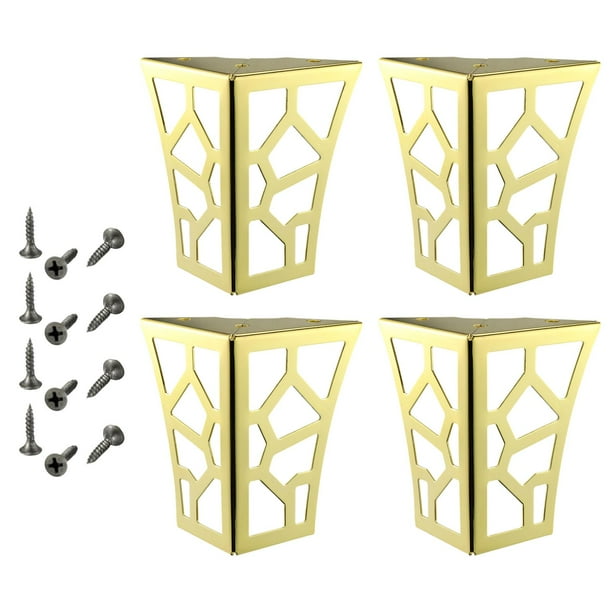 4 patas de mesa de metal con patrón hueco y tornillos para elevadores de muebles y soportes de gabinete. Oro